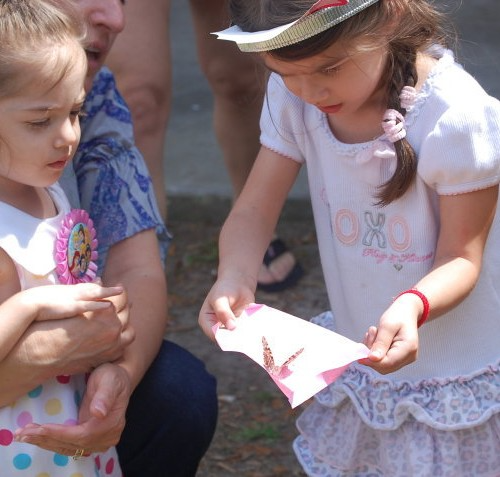 A young girl carefully releasing a butterfly from a butterfly release package