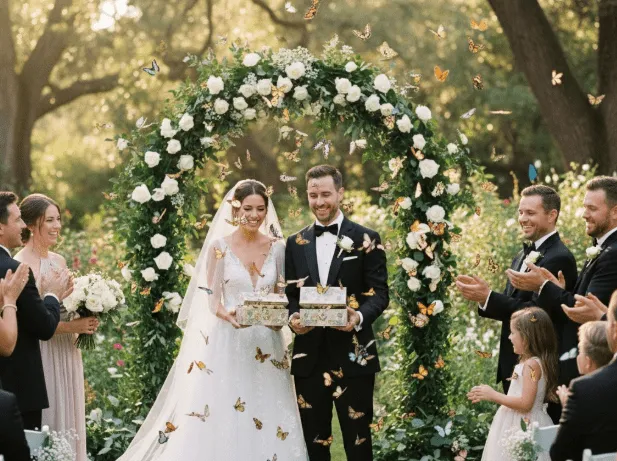 A group of people releasing butterflies at a wedding event